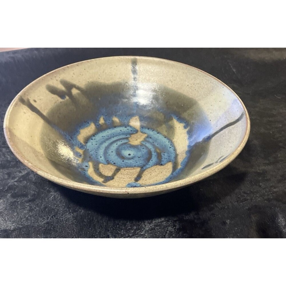 Hand Thrown Studio Art Pottery Bowl- Blue Abstract wash Drip Glazed Bowl VNT 11’